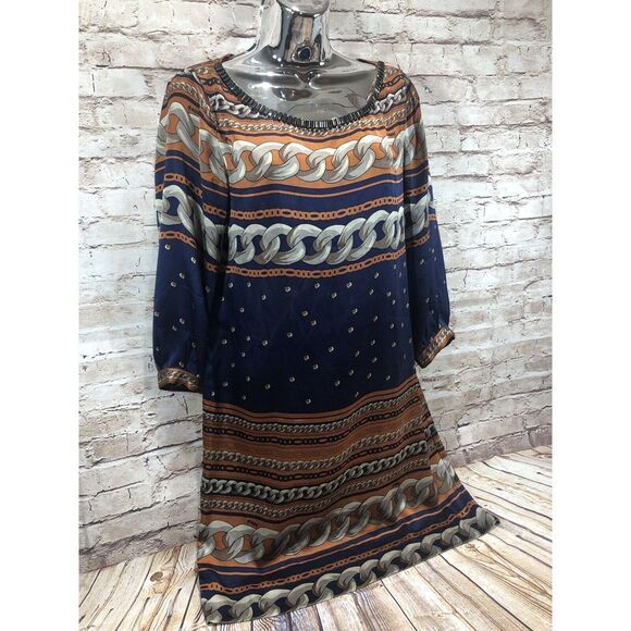HALE BOB embellished chain link print silk dress navy brown womens sz xs - Picture 2 of 9